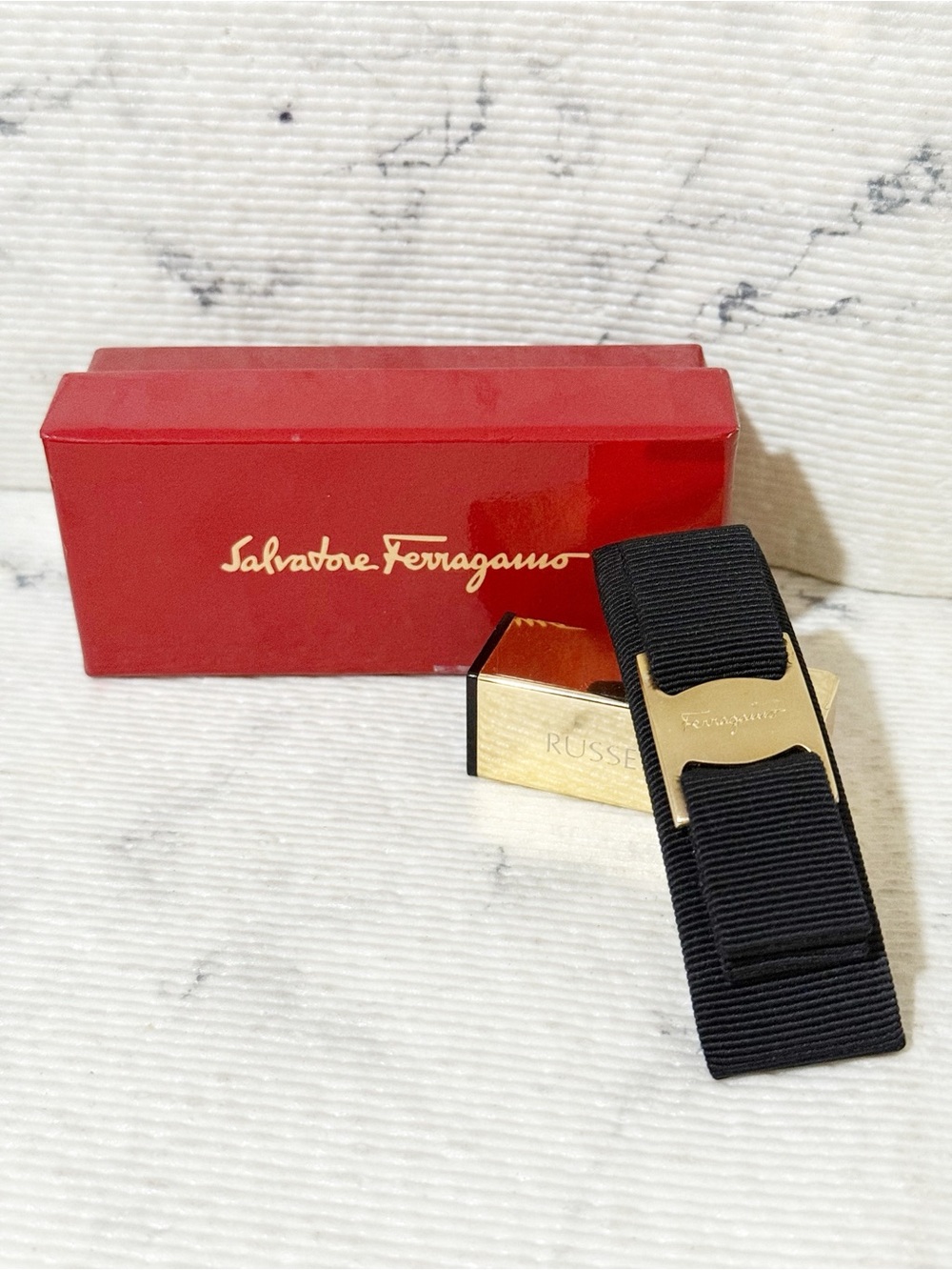 Salvatore Ferragamo Black Grosgrain Bow Hair Clip with Gold Plaque - Picture 8 of 11